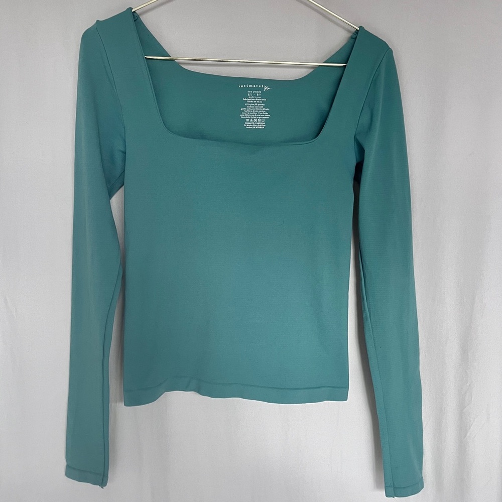 Free People Intimately Built In Bra Top Long Sleeve Teal Stretch Fitted XS S